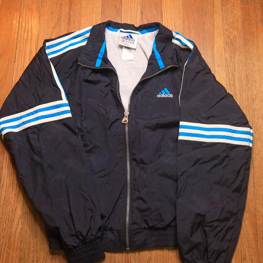 Vintage Addidas Windbreaker Turquoise Blue and White Striped